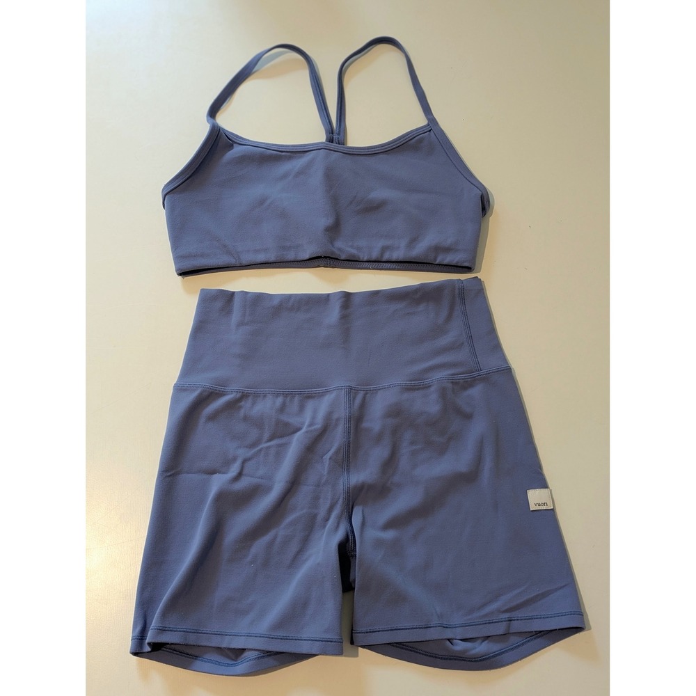 Vuori Yosemite Sports Bra and High Rise Shorts Set Slate Blue Womens Size Small